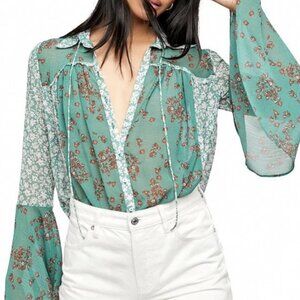 Free People Serena Floral Sheer Bell Sleeve Top in Emerald Combo. Size S. NWT.
